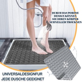 Non-Slip Shower Mat, 48 x 48 cm Shower Mat, Non-Slip Mat with Suction Cups, Massage Shower Mat, Non-Slip Shower Mat, PVC Shower Mat, Non-Slip, Machine Washable, Square (Grey)