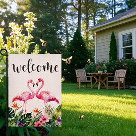 Flamingo Welcome Garden Flag 12.5x18 Inch Double Sided Outside, Spring Summer Seasonal Yard Outdoor Flag