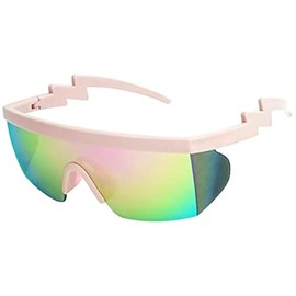 ShadyVEU Semi Rimless Neon Rainbow Sunglasses Mirrored Lens UV Protection 80s Retro Rave Shades Crooked ZigZag Bolt Arm (Light Pink Frame/Pink Lens)