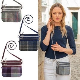 Earth Squared Tweed Mini Crossbody Pouch – Tartan Purse Bag with 3 Zipped Compartments – 18.5 x 16 x 1 cm (Purple)