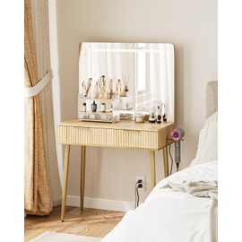 Apetaccat Vanity Desk with Large Mirror and Lights, Small Makeup Vanity Table with 2 Drawers, Dressing Table with 3 Adjustable Lighting Color, Small Makeup Desk for Bedroom, Natural with Gold Leg
