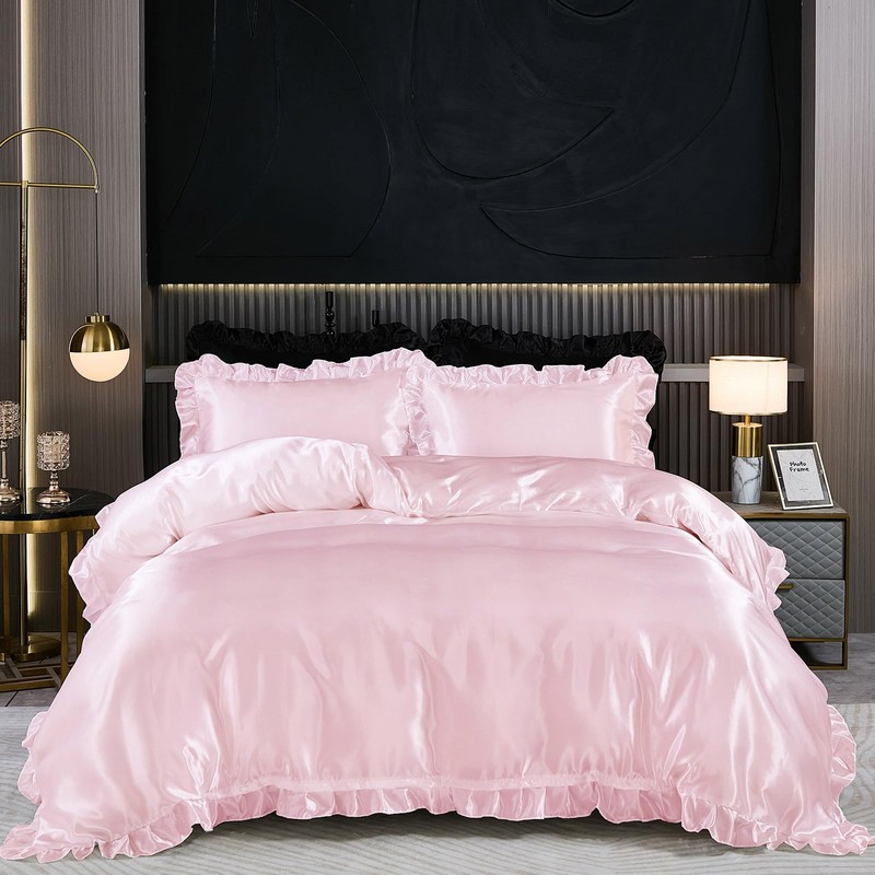 Guchuang Bedding Pink Silk Bedding Set with Ruffle Duvet Cover