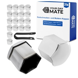 Wheel Bolt and Nut Caps Set, 21 Pieces, for 17 mm Hex Bolts and Nuts, Minimum Diameter 24 mm Rims Screw Hole, Wheel Nut Caps in Shiny Silver, 1 x Tool, Wheel Bolt Cover
