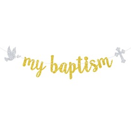 Goilpanitdia My Baptism Banner, Bless This Child, Mi Bautizo, Glittery Baptism/Cofirmation/Wedding/Baby Shower/1st Birthday Party Decorations, Gold & Silver