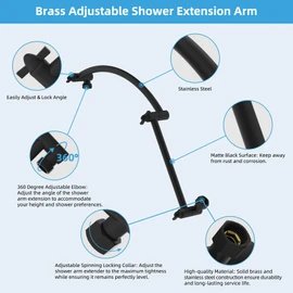 Hibbent All Metal 20'' Shower Head Extension Arm, Brass Flexible Height & Angle Adjustable Shower Arm Extender with Lock Joint, Universal Connection Stainless Steel Pipe Height Extending, Matte Black