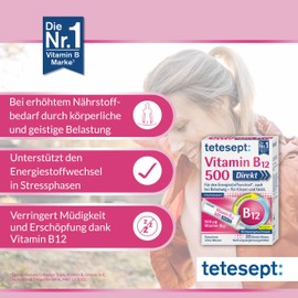 tetesept Vitamin B12 500 Direkt – Nahrungsergänzungsmittel für den Energiestoffwechsel*, auch bei Belastung – Vitamin B12 Pulver hochdosiert zur Einnahme ohne Wasser – 4 x 20 Direkt-Sticks