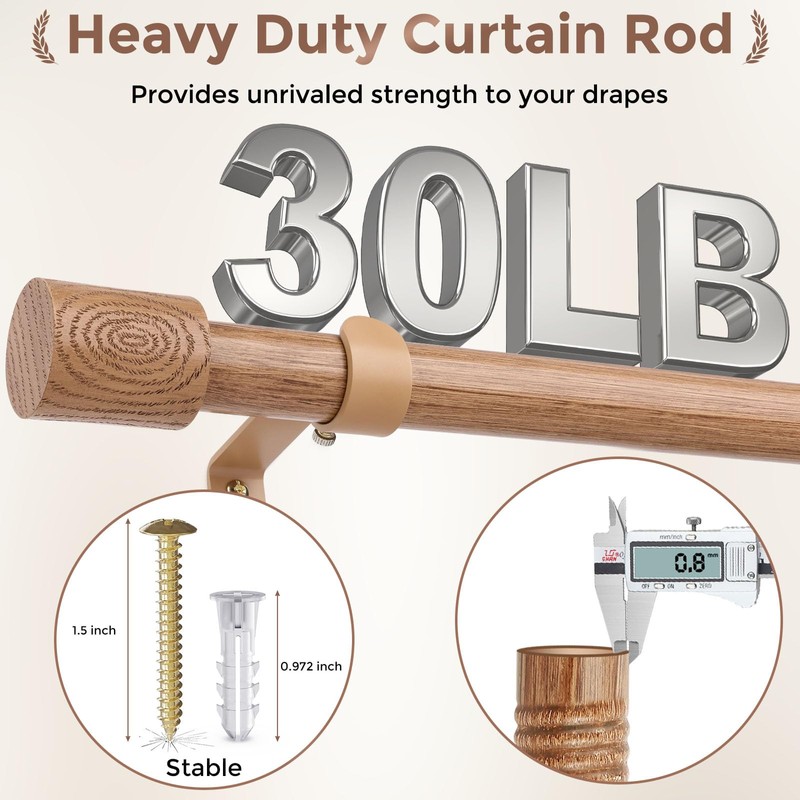 JRZOO Wood Curtain Rods, 1'' Decorative Adjustable Rustic Farmhouse Drapery