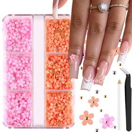 ITPOYOL 3D Flower Nail Art Charms Pink Orange Nail Charms for Acrylic Nails Gold Silver Pearls Nail Supplies Rhinestones Spring Blossom Gems Nail Accessories for Women DIY Nail Decorations Design