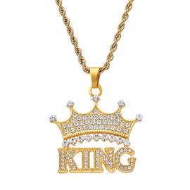 JKJF Crown King Pendant Necklace Bling Hip Hop King Necklace Rock Rapper Gold Chain 80s 90s Costume Accessories for Men Cosplay Theme Party - Gold