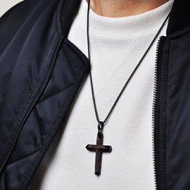 Metro Jewelry Ebony Wood Cross Pendant Necklace for Men in Stainless Steel with Black Ion Plating 24 Inches Long Box Chain