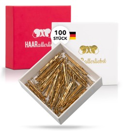 HAARallerliebst Hair Clips (Pack of 100 | Gold Glitter | 5 cm) with Box for Storage (Box Colour: White)