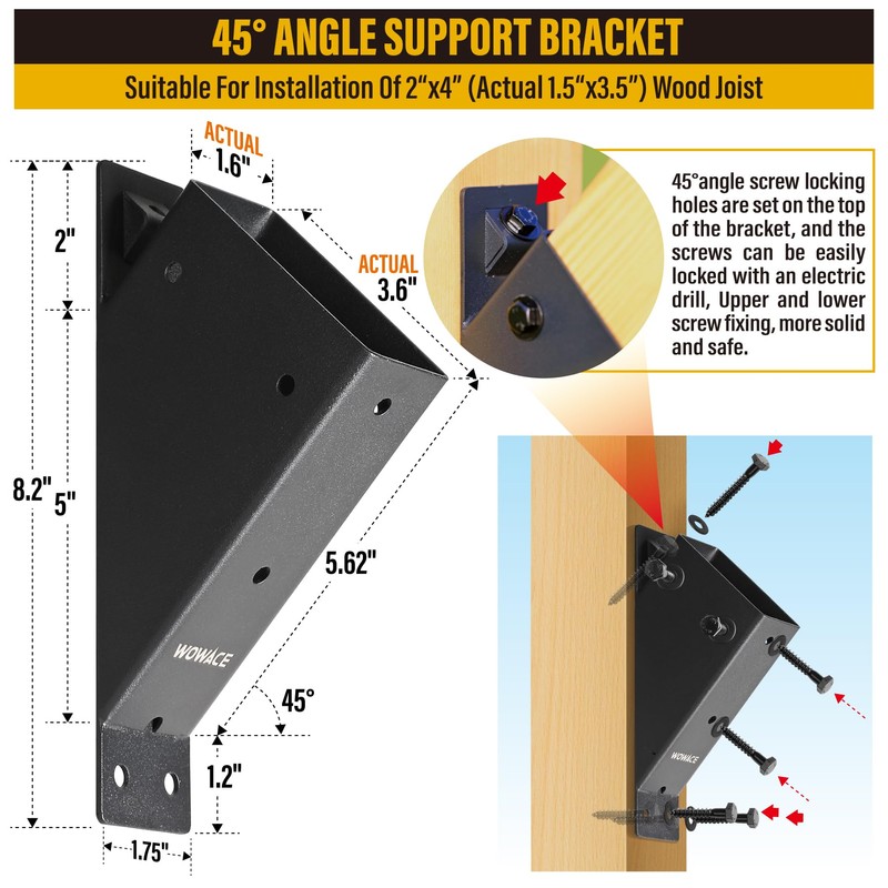 WOWACE 4pcs 45° Degree Angle Support Brackets, 2x4 (Actual 1.5''x3.5'')