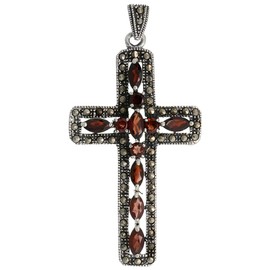 Sterling Silver Marcasite Latin Cross Pendant, w/Brilliant & Marquise Cut Garnet Stones, 2 1/2" (63 mm) Tall