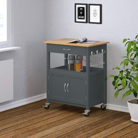 eHemco Kitchen Island Cart on Wheels with Drawer, Storage Cabinet, Shelf and Natural Bamboo Top Butcher Block, Gray Base