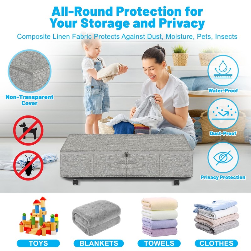 Large Sturdy Under Bed Storage with Wheels, 2 Pack 50L
