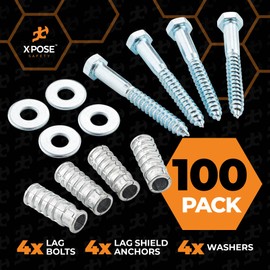 xpose safety Concrete Anchors Set with 4"" Lag Bolt, Lag Shield and Washer - 100 Sets per Pack - 1/2"" Bolt Lag Screws 4-Inch for Speed Bumps for Asphalt - Galvanized Steel Lag Bolts