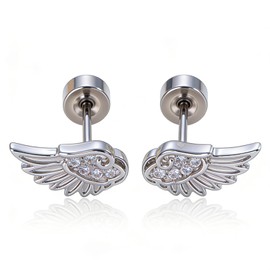 Goth Angle Wing Earrings Silver Stainless Steel Flat Back Earrings Hypoallergenic Women Studs Small Y2k Cute Trendy Jewelry 2PCS (Style 1)