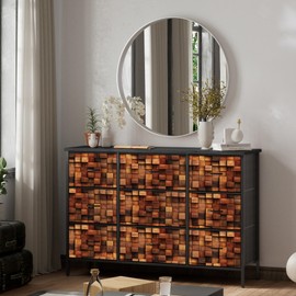 VASICAR TV Stand with 9 Drawers, Chest of Drawers with Fabric Bins, Black Wood Top Dresser for Bedroom, Storage Organizer Cabinet for Closet (Brown)