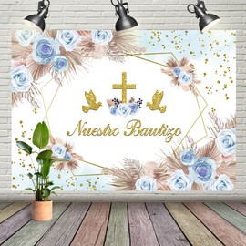 Wollmix 7x5ft Boho Mi Bautizo Backdrop for Boy Nuestro Bautizo Baptism God Bless First Holy Communion Background Blue Flower Golden Dots Photography Baby Shower Banner Party Decorations Supplies