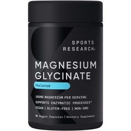 Sports Research® Magnesium Glycinate - Supports Restful Sleep & Enzymatic Processes - 160 mg Chelated Magnesium - Vegan Capsule - 90 Count