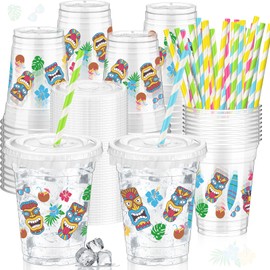 FoldTier Hawaiian Party Decorations Cups 12 oz Luau Party Decorations Plastic Cold Drinks Cups Tiki Cups Clear Disposable Cups with Lids Straws for Summer Holiday Tropical Party Supplies