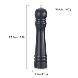 Wooden Pepper Grinder or Salt Mill, 11 Inch Peppercorn Grinder with Adjustable Roughness Ceramic Rotor and Easily Refillable, Oak Wood Capstan Sea Salt Mill for Your Kitchen, Black