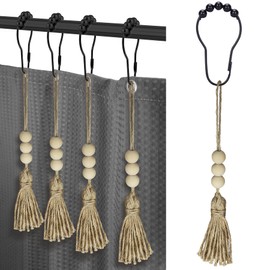Boho Shower Curtain Rings for Bathroom Decor, Set of 12 Decorative Black Shower Curtain Hooks with Wood Beads Tassel, Silent Smooth Stainless Steel Rust Resistant Shower Rings (Black with Tassel)