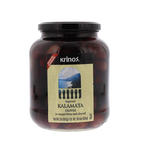 Krinos Kalamata Olives in Vinegar Brine and Olive Oil - Great for Slicing & Dicing and Creating Appetizers & Delicious Meals, 2lb Jar