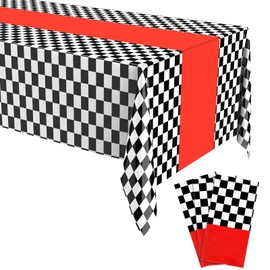 Irenare Car Birthday Party Supplies Racing Party Decorations Road Tablecloth Racetrack Table Runner Table Covers for Kids Boy Car Theme Birthday Party, 54 x 108 Inch (Red Checkered Style,3 Sheets)