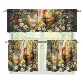 YUVAMAGIMO Roosters 3-Piece Kitchen Curtains & Valances Set, Tier Curtains, 24 Inch Length, Rod Pocket, Washable, 18"W x 54"L, Chicken Pattern, Farmhouse, Rustic