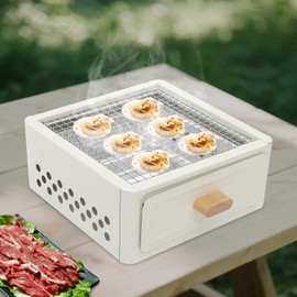 Square Tabletop Barbecue Stove,Portable Lightweight Outdoor Bbq Grill,Barbecue Grill For Cooking Camping Picnics With Grill Net And Baking Tray For Outdoor Cooking Camping Picnics (White)