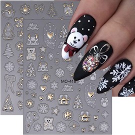 3Pcs Cute Winter Snowflake Nail Art Stickers - Gold White Star Bear Elk Bow Nail Decals for Xmas & Christmas Manicure