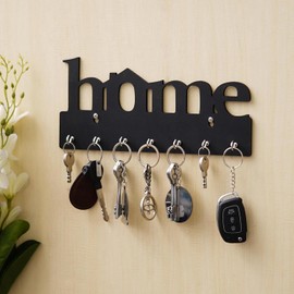 Accessorize Kingdom Wooden Key Holder, 29 x 13.5 x 0.4 cm, 7 Hooks, Modern Wall Mount Decor (Black)