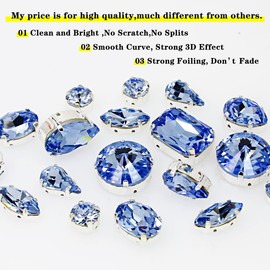 DONGZHOU Sew On Rhinestone Sewing Claw Rhinestones Setting with Holes K9 Crystal Gems Copper Flatback Fancy Stone for Jewelry Making DIY Crafts Clothes Shoes Mixed Shapes 82pcs Light Sapphire-114