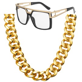 FACATH Hip Hop Costume Kit- Big Chunky Plastic Hip Hop Gold Chain, Vintage Hippie Transparent Sunglasses for 80s 90s Rapper Costume Accessories