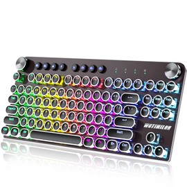 WOTIMILON Wireless Typewriter Keyboard Mechanical TKL, 2.4G/BT5.0/Wired WM87 Retro Vintage Gaming Keyboard Typewriter Style with Punk Round Keycaps True RGB Backlit, 2 Control Knobs, Clicky Switch