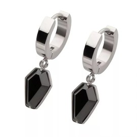 316L Stainless Steel Black CZ Coffin Dangling Huggie Hoop Earrings, Sold as a Pair