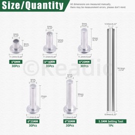 Keadic 151Pcs M6 Aluminum Flat Head Semi-Tubular Rivets Assortment Set, M6 x 8/16/20/25/30mm Silver Tone Metal Stud Fasteners for Leather Household Automobile Industry