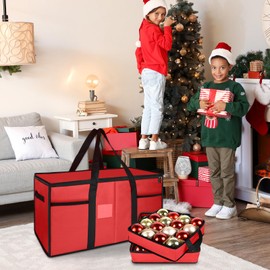 Christmas Ornament Storage Box with Dividers, Christmas Balls Storage Containers with Zipper & 8 Removable Trays, Holds Up to 128 Balls - 600D Oxford Christmas Decoration Storage Organizer, Red