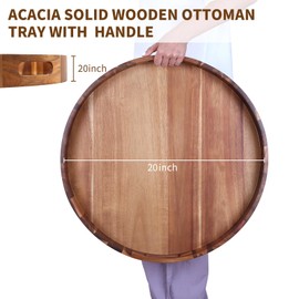 20-INCH Wooden Serving Tray with Handles Premium Acacia Wood Tray Multi-Use Ottoman Tray for Kitchen Living Room Breakfast Tray Coffee Table Tray Round Serving Tray with 4PCS Wooden Coasters