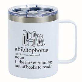 Onebttl Book Lovers Gifts For Women, Men - Abibliophobia - 12 oz /350 ml Insulated Mugs - Reading Gift for Book Worm, Librarians, Readers - (White)