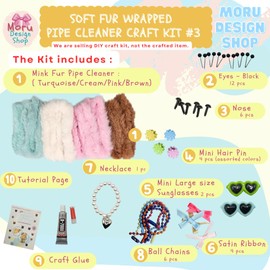 Moru Fur Pipe Cleaner Craft Kit #3, Super Soft, Thick, Long Mink for DIY Art & Craft. with Decorative Accessories (Eyes/Nose/Ribbons),Tutorial