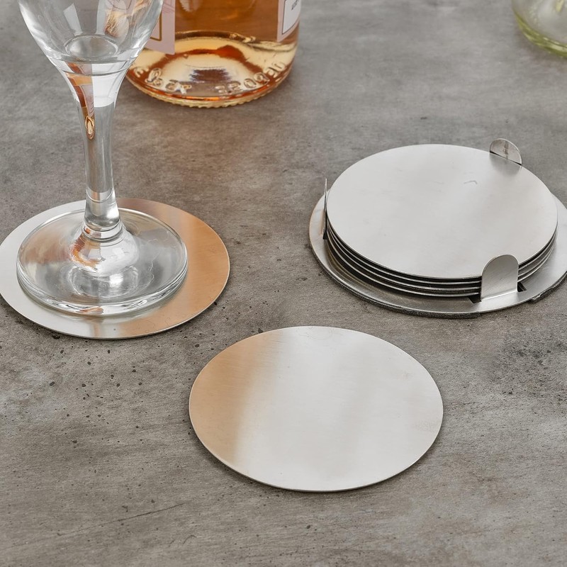 Coasters Set of 6 With Holder Silver Stainless Steel Cup