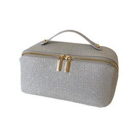 Large Makeup Bag,Travel Cosmetic Bag,Glitter Makeup Bag,Sparkly Shiny Make up Bag,Portable Sequin Skincare Toiletry Travel Bag with Handle for Women(A-Silver)