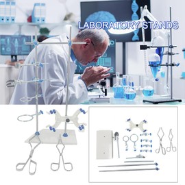 EWANYO Laboratory Stands Support Set, with a Round-jaw Burette Clamp & Butterfly Burette Clamp, Lab Clamp Retort and 2 Flask Ring Clamps, Rod Length 60cm Sciencent Laboratory Grade Lab Metalware Set