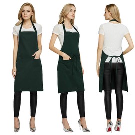 Autuki 10 Colors Simple Apron, Cafe Apron, Work, Plain, Garden Apron, with Pockets, Wrinkle Resistant, Unisex, Adjustable, green (dark green)