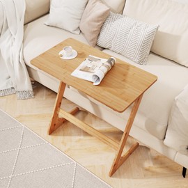 Giantex Bamboo TV Tray Table, Z Shaped Sofa Couch Side Table for Eating Snacks Coffee Laptop, Modern TV Dinner Tables for Small Spaces, Small End Table for Living Room Bedroom, Natural