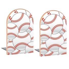 Seamlesss 3D Baseball Stitches Book Ends Decorative Wood Bookends for Shelves Kids Room Desk Home Office Book Stoppers for Magazines,Books, DVDs, 1 Pair/2 Pieces(5x3.1 in)
