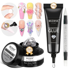 MIZHSE 30g Solid Builder Gel and 15g Rhinestone Glue for Nails, Clear Nail Builder Gel Hard Gel 3D Gel for Nail Art Nail Sculpting Gel Non-Sticky Hand UV LED Nail Charm Glue Nail Art Salon Home DIY