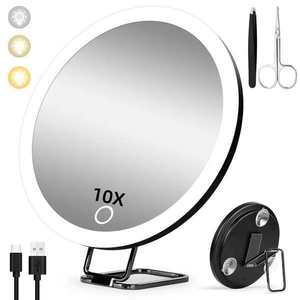 Magnifying Mirror 10x with Light, 15 cm, 3 Colour Modes, Dimming, Illuminated Magnified Mirror, 10X, Large Rechargeable High Magnification Travel Makeup Mirror with 3 Suction Cups and 360° Table Stand